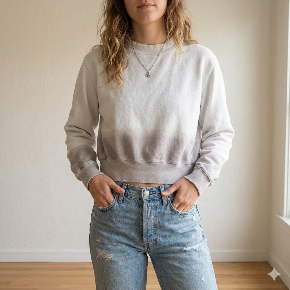 Cotton Citizen Malibu Cropped Sweatshirt Womens Small White Gray Dip Dye FLAWED